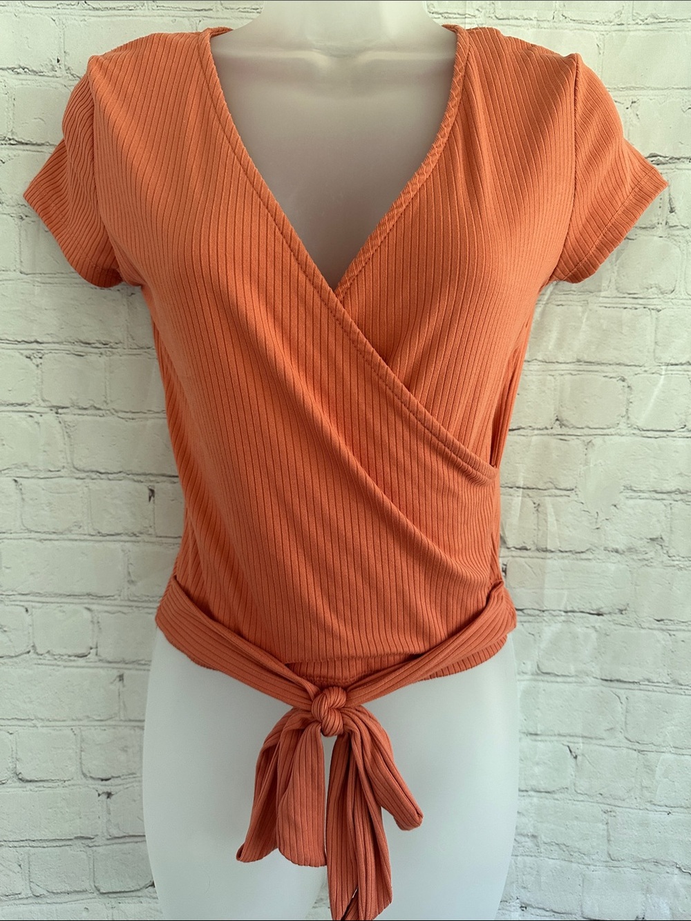 YMI NWT Ribbed Faux Wrap Tie-Front Top - Orange size S
